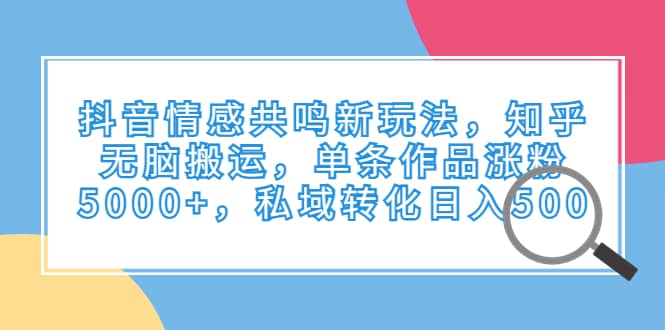 抖音情感共鸣新玩法，知乎无脑搬运，单条作品涨粉5000+，私域转化日入500创富副业网-网创项目资源站-副业项目-创业项目-搞钱项目创富副业网