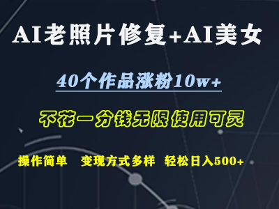 AI老照片修复+AI美女玩发  40个作品涨粉10w+  不花一分钱使用可灵  操作简单  变现方式多样话   轻松日去500+创富副业网-网创项目资源站-副业项目-创业项目-搞钱项目创富副业网