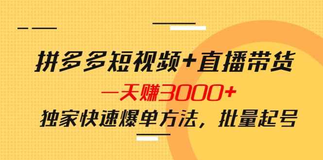 拼多多短视频+直播带货，一天赚3000+独家快速爆单方法，批量起号创富副业网-网创项目资源站-副业项目-创业项目-搞钱项目创富副业网