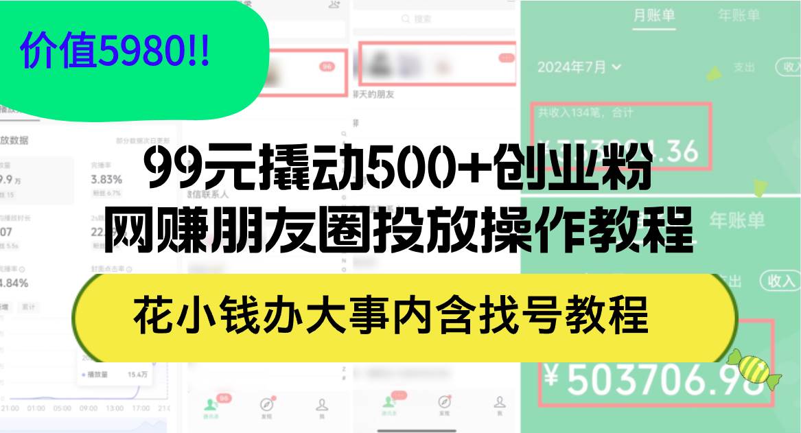 99元撬动500+创业粉，网赚朋友圈投放操作教程价值5980！花小钱办大事内…创富副业网-网创项目资源站-副业项目-创业项目-搞钱项目创富副业网