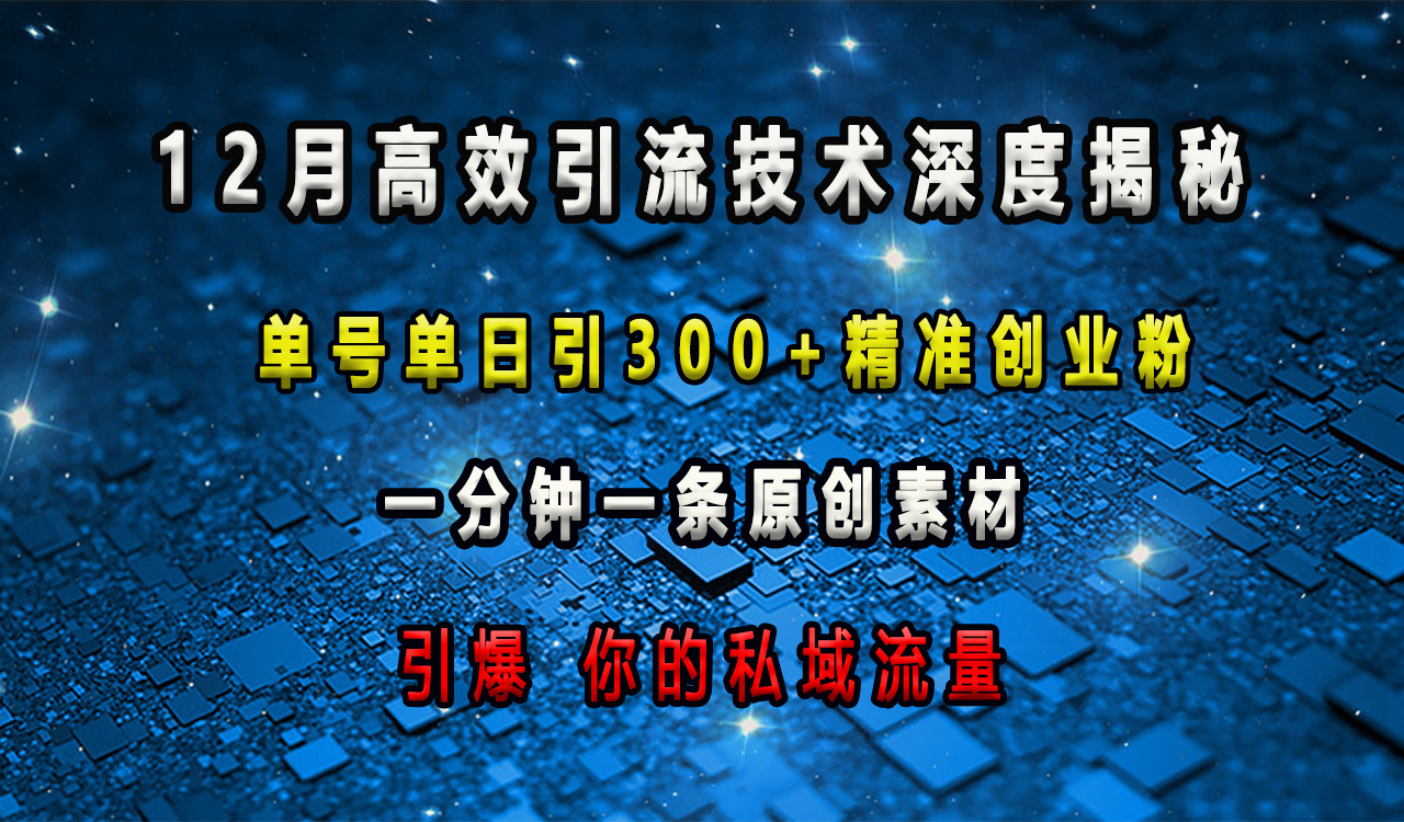 12月高效引流技术深度揭秘 ，单号单日引300+精准创业粉，一分钟一条原创素材，引爆你的私域流量创富副业网-网创项目资源站-副业项目-创业项目-搞钱项目创富副业网
