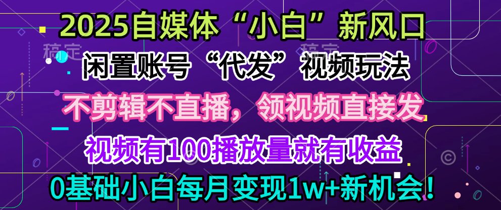 2025每月躺赚5w+新机会，闲置视频账号一键代发玩法，0粉不实名不剪辑，领了视频直接发，0基础小白也能日入300+创富副业网-网创项目资源站-副业项目-创业项目-搞钱项目创富副业网