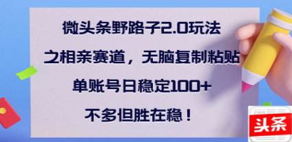 全网首发微头条野路子2.0玩法之相亲赛道，无脑搬砖复制粘贴，单账号日稳定300+保姆级教程创富副业网-网创项目资源站-副业项目-创业项目-搞钱项目创富副业网