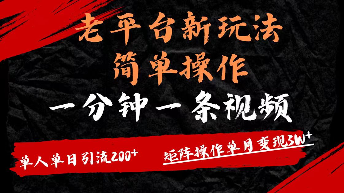 老平台，新玩法，简单操作，一分钟一条视频，单人单人引流200+矩阵操作，单月变现3W创富副业网-网创项目资源站-副业项目-创业项目-搞钱项目创富副业网