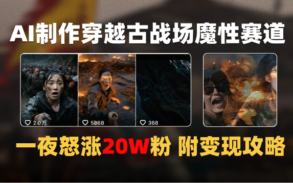 AI制作穿越古战场视频一夜涨粉20W保姆级教学（附AI变现指南）创富副业网-网创项目资源站-副业项目-创业项目-搞钱项目创富副业网