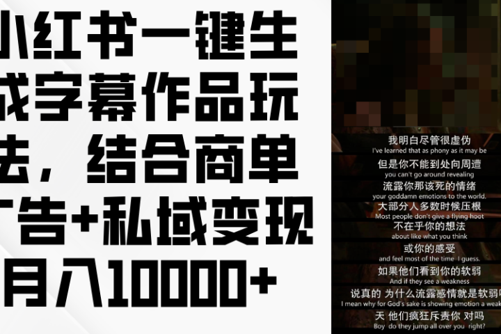 小红书一键生成字幕作品玩法，结合商单广告+私域变现月入10000+创富副业网-网创项目资源站-副业项目-创业项目-搞钱项目创富副业网